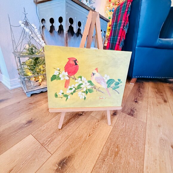 OOAK Vintage Signed Cardinal Painting with Wood Easel - Picture 13 of 14